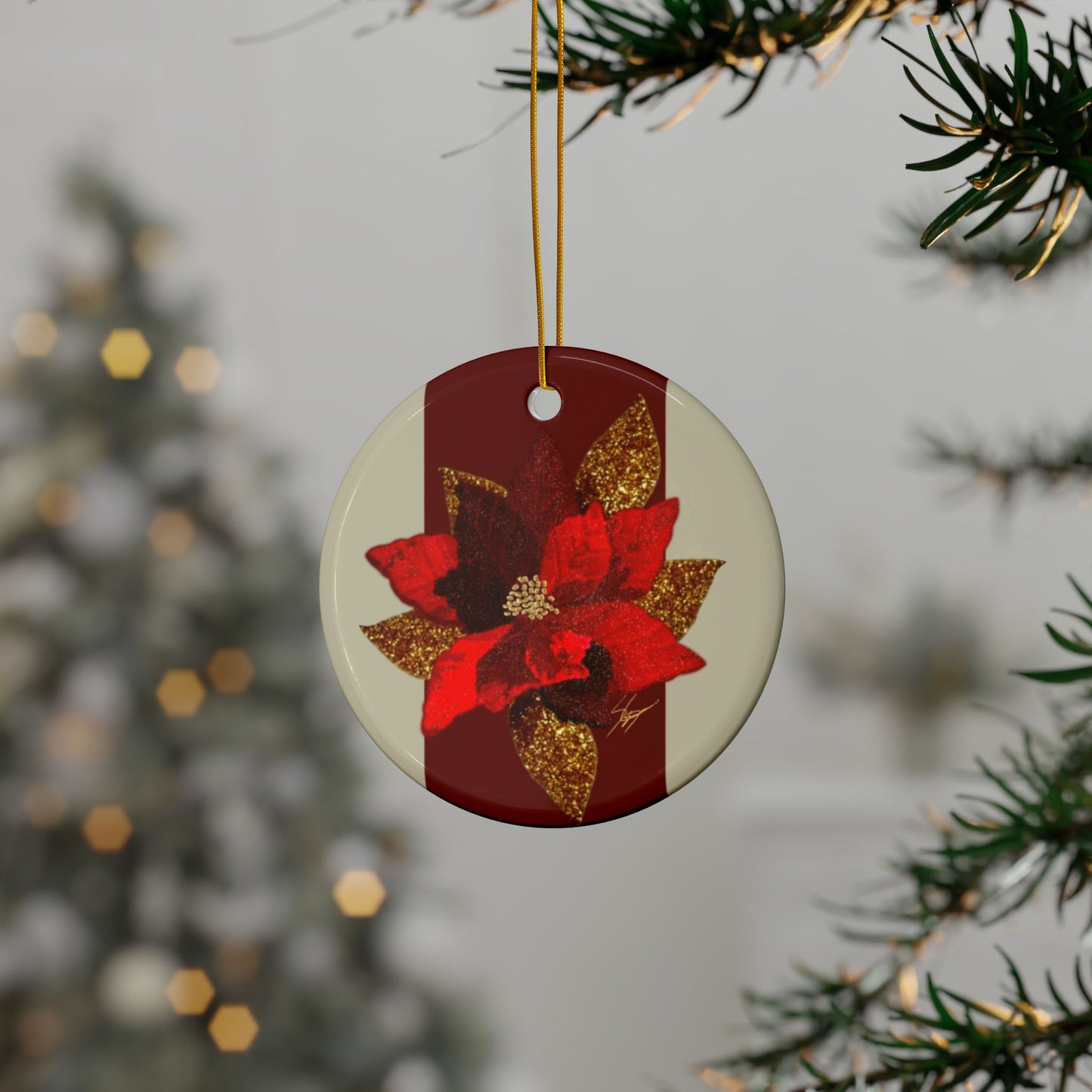 Christmas Poinsettia Flower Art Ceramic Ornament