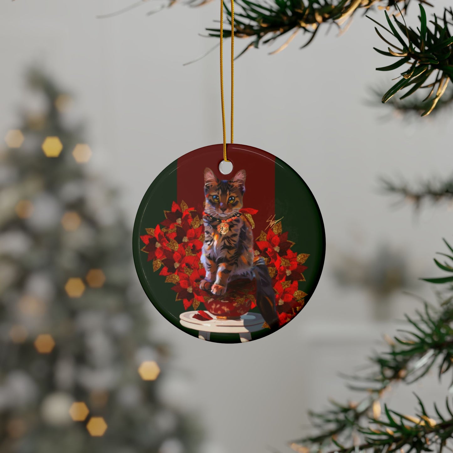 Holiday Kitten Art Ceramic Ornament