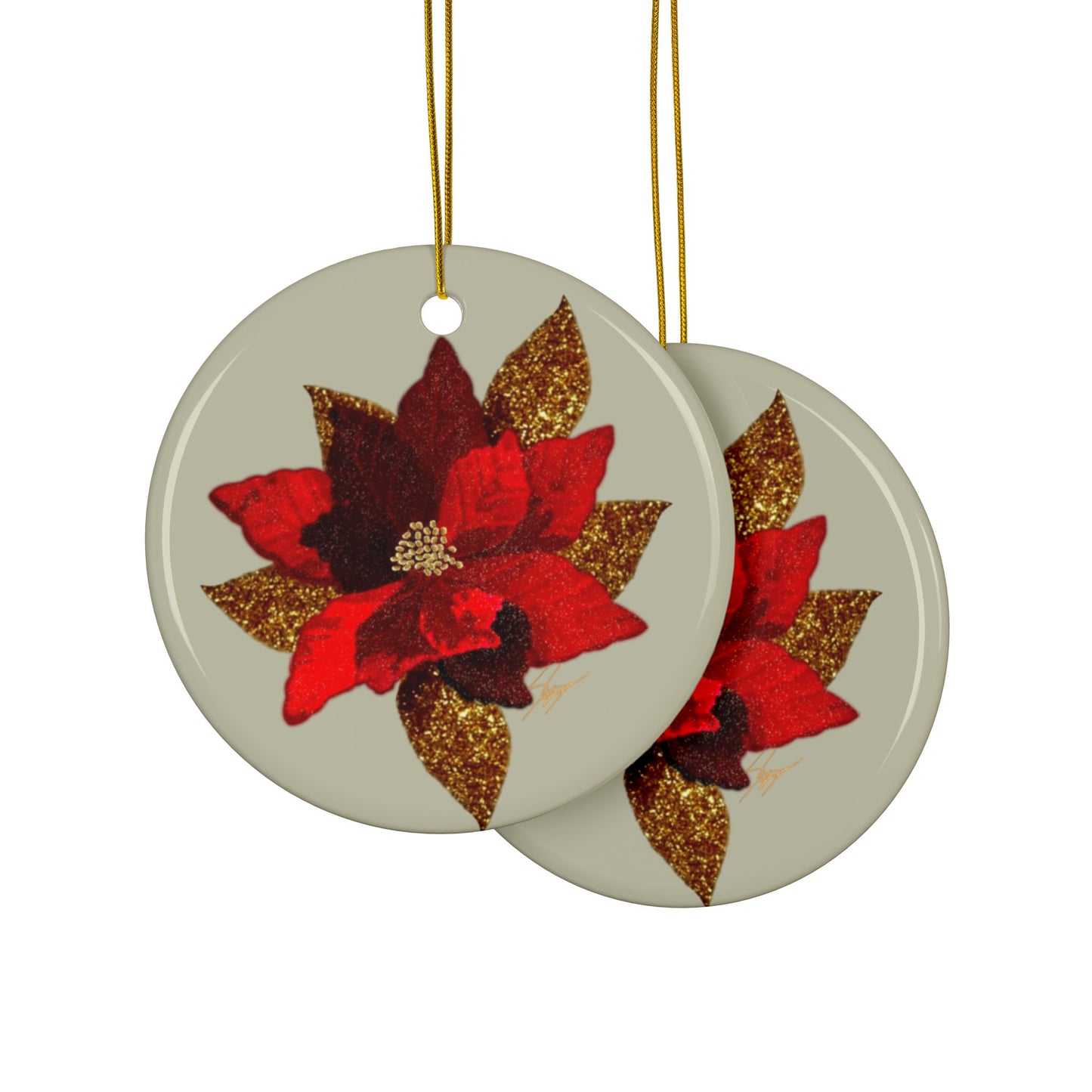 Christmas Poinsettia Flower Art Ceramic Ornament