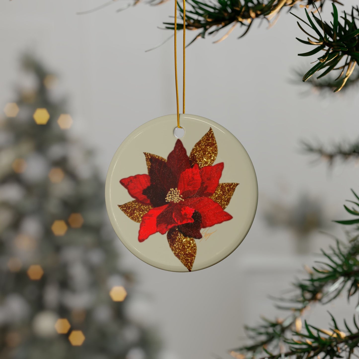 Christmas Poinsettia Flower Art Ceramic Ornament